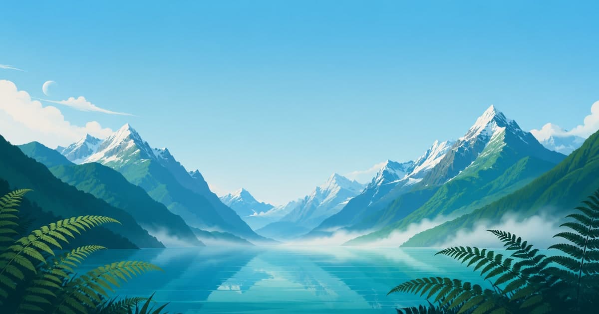 Fiordo de Nueva Zelanda al amanecer — los Alpes del Sur al fondo